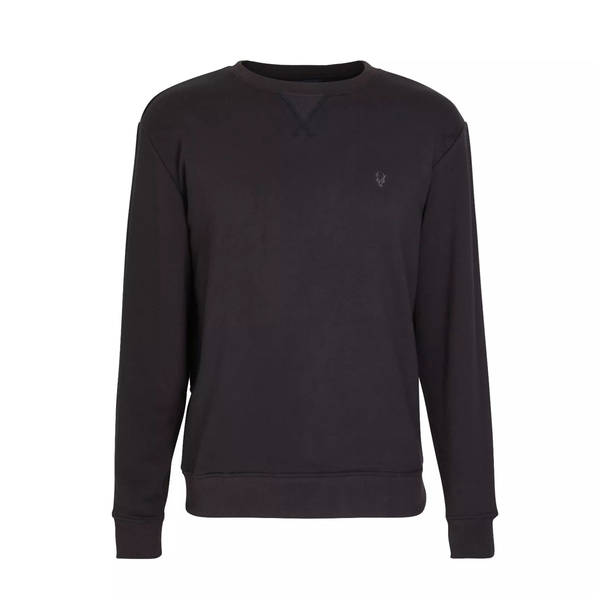 Men's classic crew neck sweatshirt jumper in black with long sleeves and minimalist embroidered chest logo